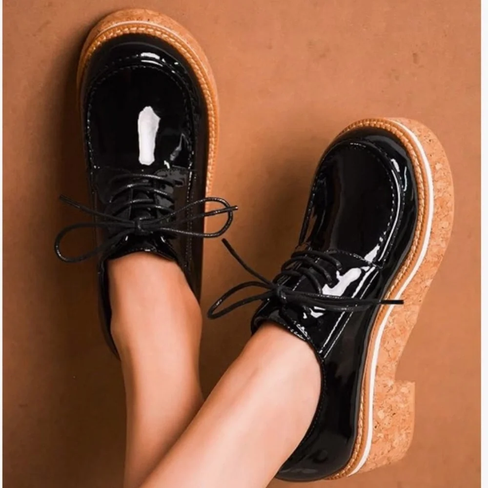 CAPE ROBBIN 🔥 Black Womens Lace Up Wooden Platform Loafers Natashaya 🔥BNIB